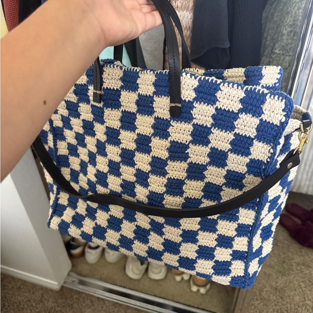 CLARE V Blue and White Checkered Tote Bag